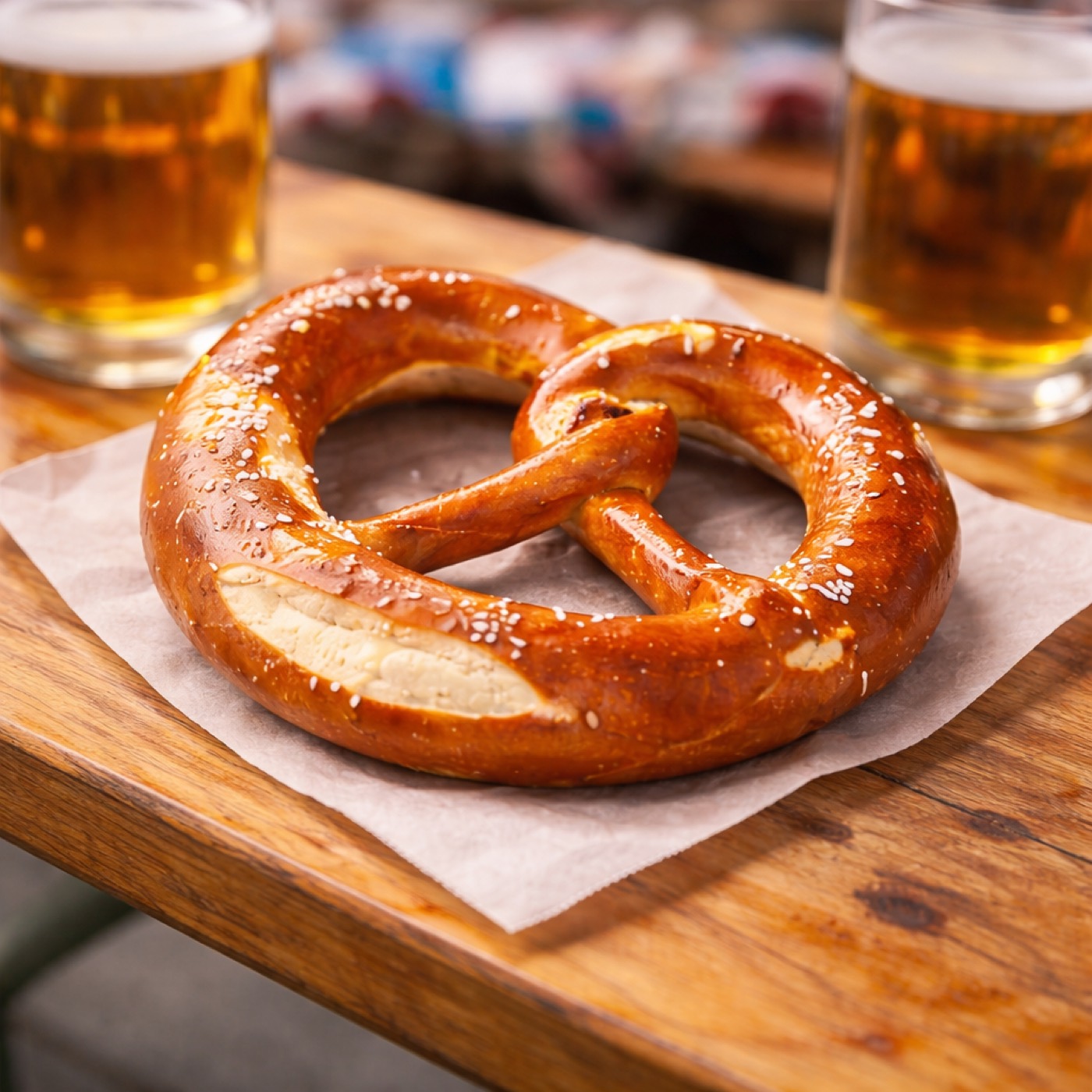 Brezel auf Bierbank im Festzelt