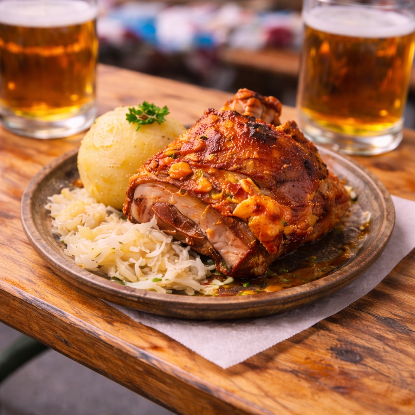 Schweinshaxe mit Knoedel und Kraut