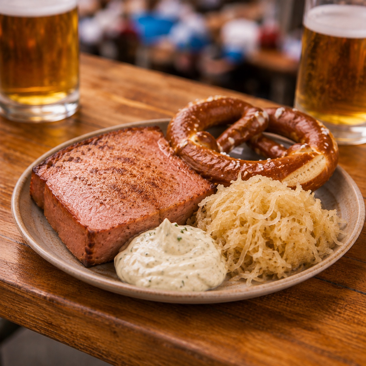 Leberkäse mit Sauerkraut, Remoulade und Brezel