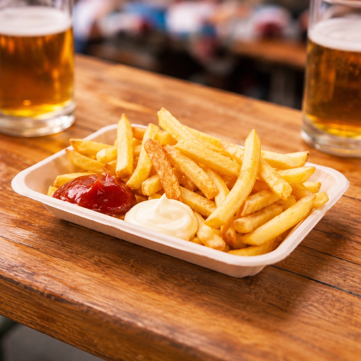 Pommes mit Ketchup und Mayonnaise
