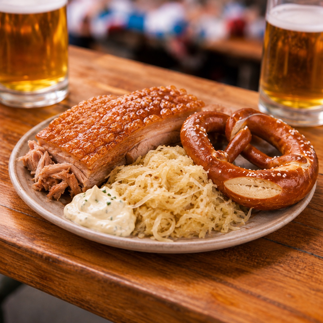 Spanferkel mit Sauerkraut, Remoulade und Brezel