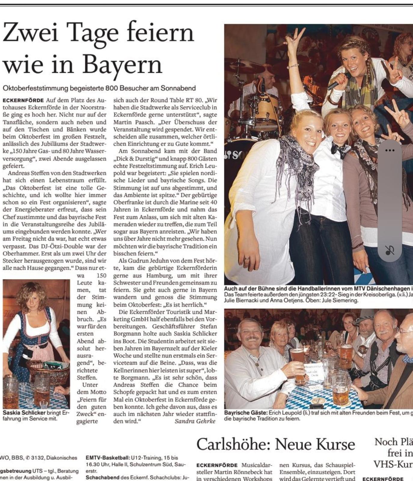 Zeitungsartikel zur Premiere des Eckernf&ouml;rder Oktoberfestes 2010