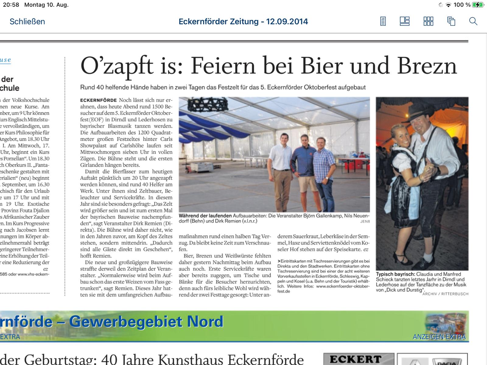 Zeitungsartikel zum Aufbau des f&uuml;nften Eckernf&ouml;rder Oktoberfestes 2014