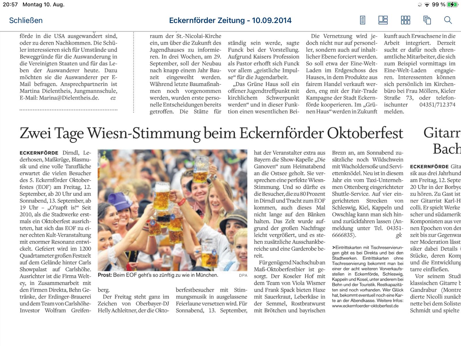 Zeitungsartikel zur Wiesn-Stimmung beim Eckernf&ouml;rder Oktoberfest 2014