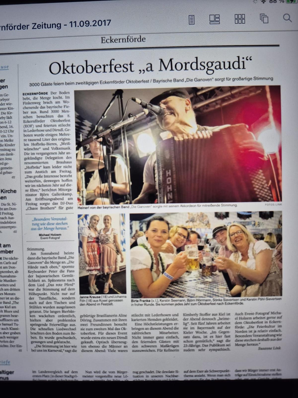 Zeitungsartikel &uuml;ber 3.000 G&auml;ste beim Eckernf&ouml;rder Oktoberfest 2017
