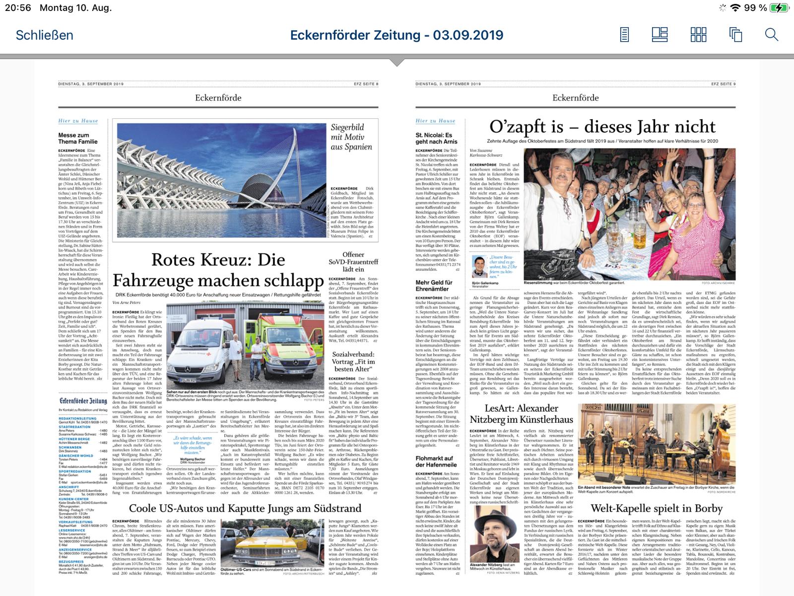 Zeitungsartikel zur Verschiebung des Eckernf&ouml;rder Oktoberfestes 2019