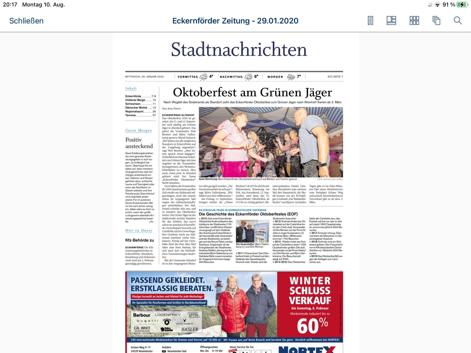 Zeitungsartikel zum neuen Standort am Gr&uuml;nen J&auml;ger im Jahr 2020