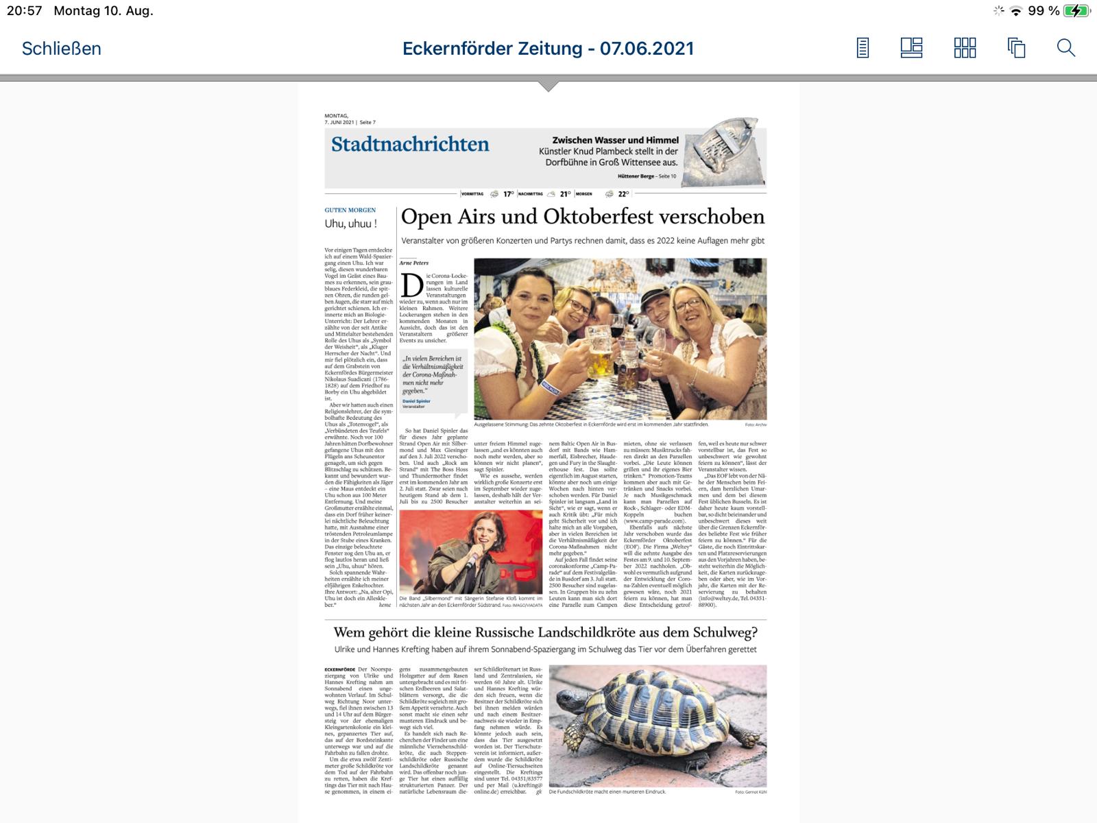 Zeitungsartikel zur erneuten Verschiebung des Oktoberfestes im Jahr 2021