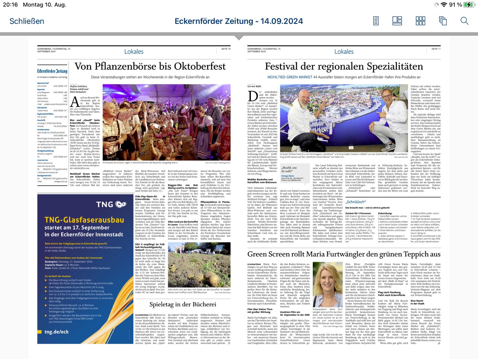 Zeitungsseite mit Ank&uuml;ndigung des Eckernf&ouml;rder Oktoberfestes 2024